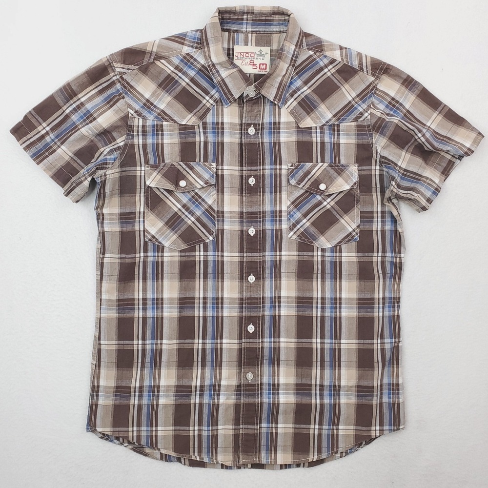 JNCO Shirt Mens Medium Brown Blue Plaid Western Slim Fit Button Up Cowboy